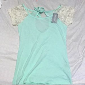 Turquoise blouse with lace sleeves, NEVER WORN